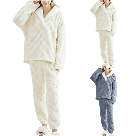 YOIAVAIOY Womens Fluffy Pajamas Set V Neck Pullover and Joggers Fleece Plush Sleepwear 2 Piece Pjs Sets Warm Fuzzy Loungewear Navy M