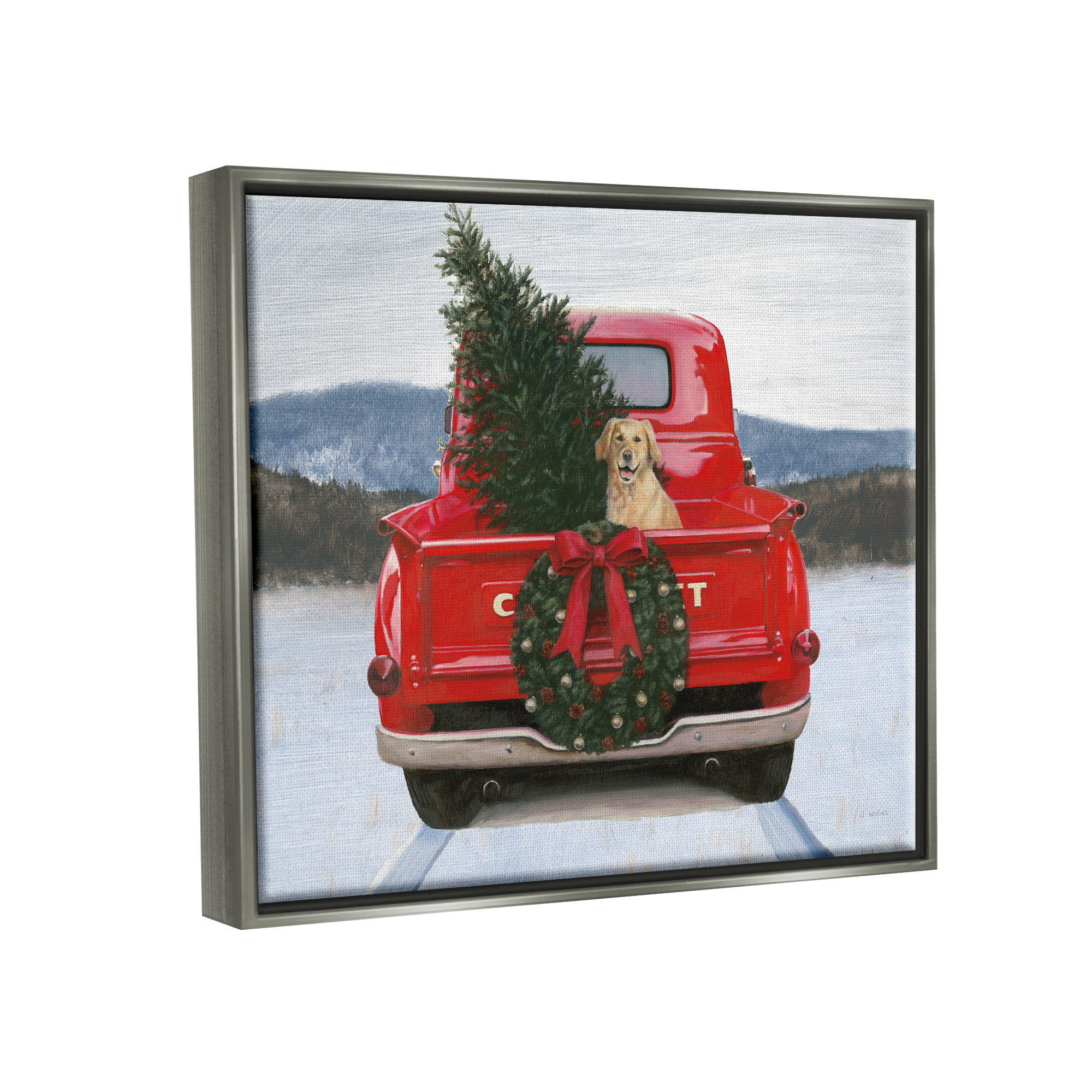 Stupell Industries Holiday Tree in Truck Holiday Painting Gray Floater Framed Art Print Wall Art, 31 x 25