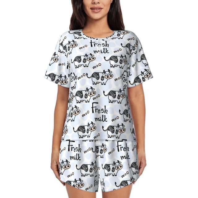 Fotbe Cow With Fresh Milk Conjunto de Pijama Estampado para Mujer, 2 Piezas, Ropa de Dormir con Camiseta de Manga Corta y Shorts Suaves-Small