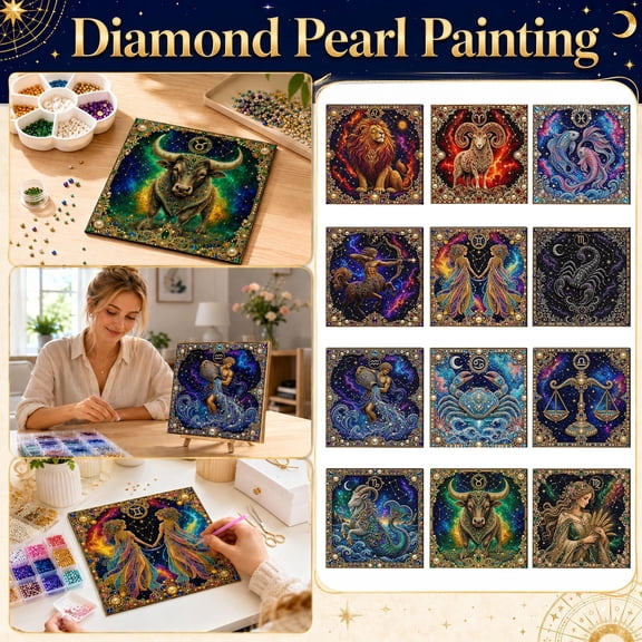 Diamond Pearl Painting Kit, Zodiac Sign Special Shape Diamond Art Set, Galaxy Astrology Round Diamond Painting for Adults, DIY Canvas Diamond Dotz Wall Art, Home Decor