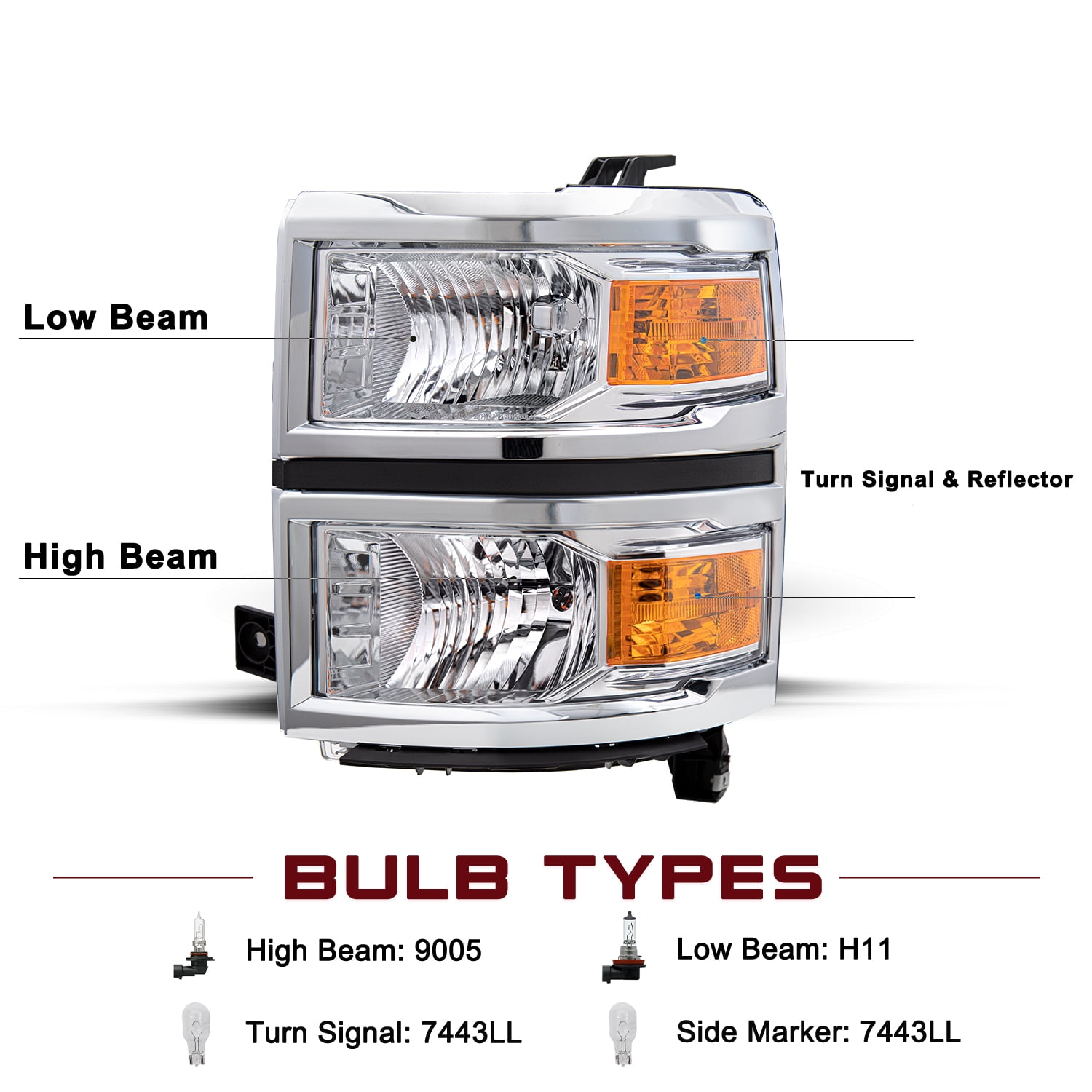 For 2014-2015 Chevy Silverado 1500 Chrome Amber Headlights Headlamps L+R Pairs