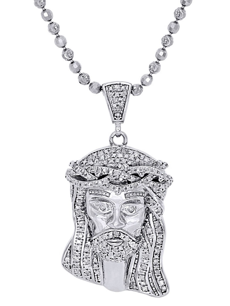 925 Sterling Silver Mens Diamond Mini Jesus Face Pendant Charm & Chain Set 1.40" 