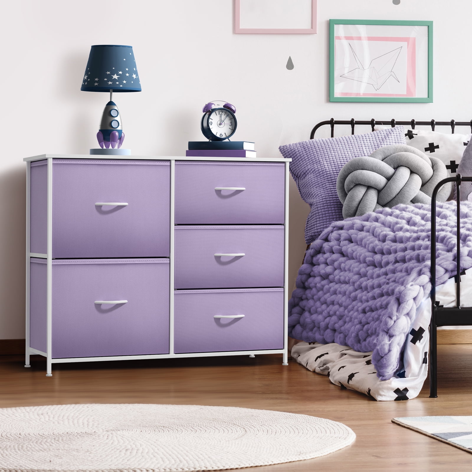 Sorbus 5 Drawer Dresser Storage Chest with Steel Frame, Wood Top, Fabric Bins, Multi Pastel