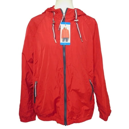 Tommy Hilfiger Ladies' Windbreaker Rain Hooded Jacket, Red Medium ...