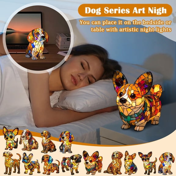 YujiCraft Hand-Painted Resin Dog Art Night Light French Cute Pet Dog Desktop LED Lamp Gift for Dog Lovers,F
