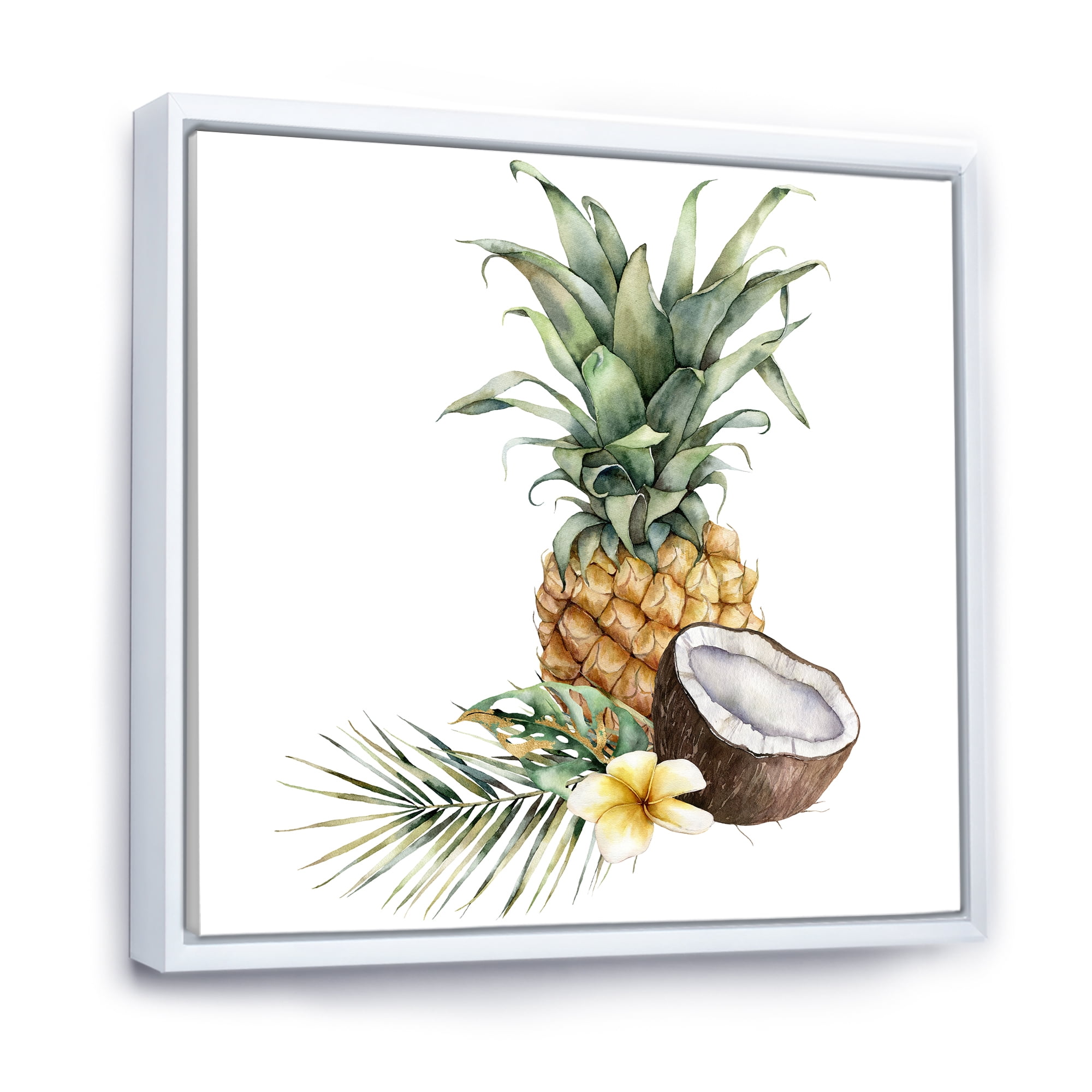 Designart 'Pineapple With Plumeria Coconut and Palm Leaves' Traditional Framed Canvas Wall Art Print