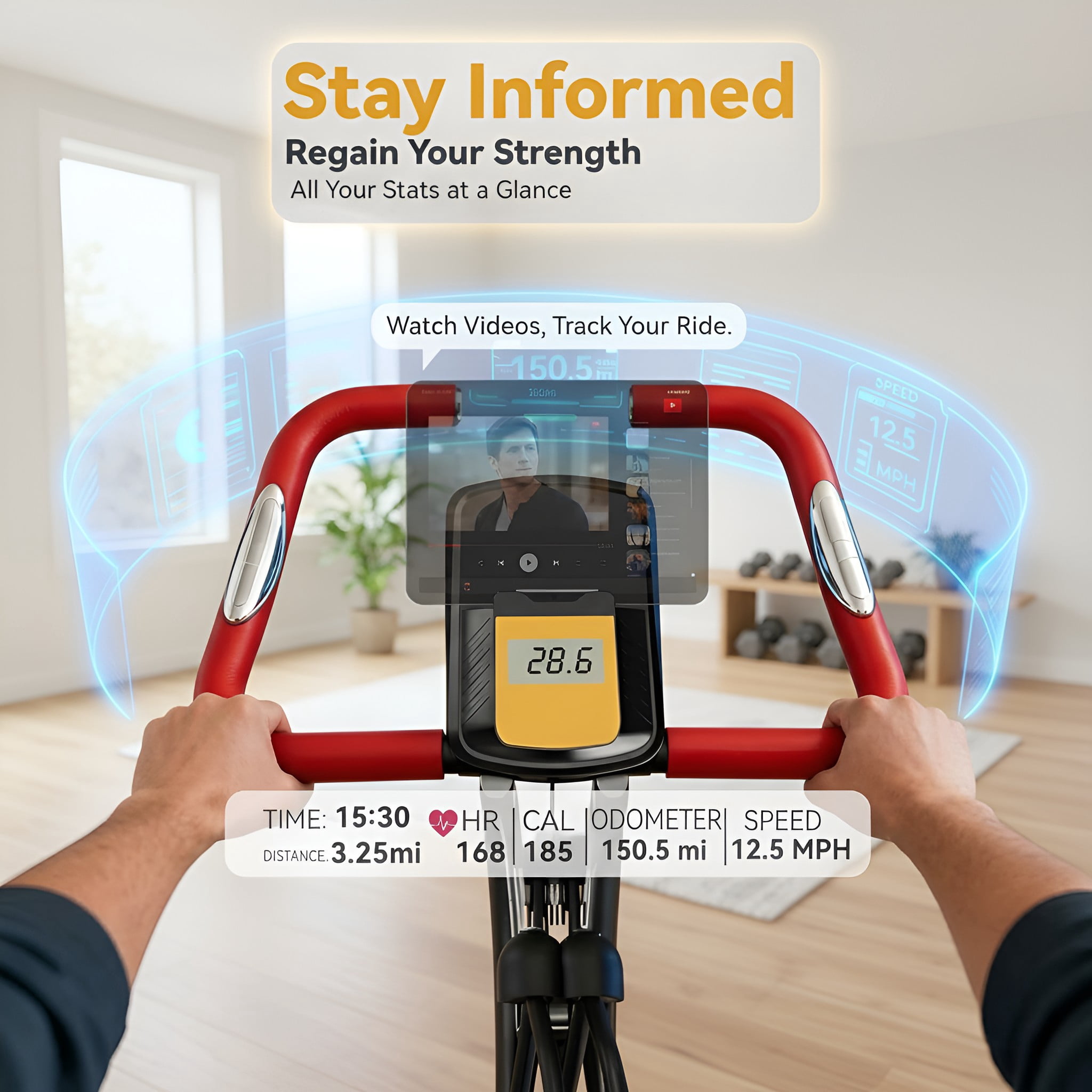 USLIM Foldable Stationary Exercise Bike for Home Workout, Indoor Cycling Design, Mesh Backrest, Wide Seat, Arm Resistance Bands, 300 lb Capacity, Red