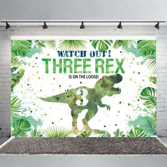 Three-rex Birthday Backdrop for Boys Dinosaur 3rd Birthday Green Leaf Background 3 Years Old Dinosaur Theme Party Decorations Banner Supplies Photo Booth Props