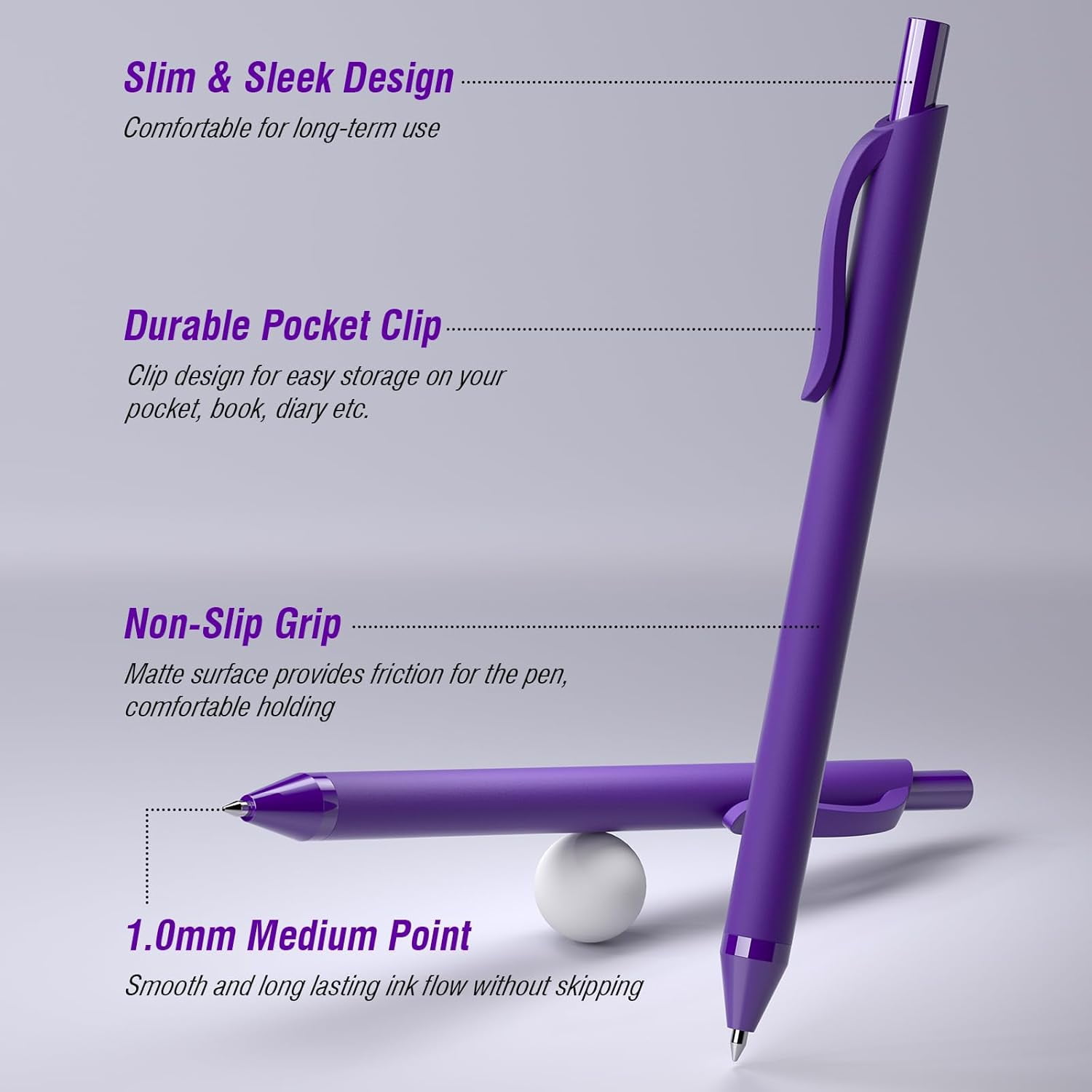 50 Pack Purple Ink Pens - Bulk Pens, 1.0MM Medium Point Ballpoint Pens, Smooth Writing No Bleed Retractable Ball Point Pen (Purple)