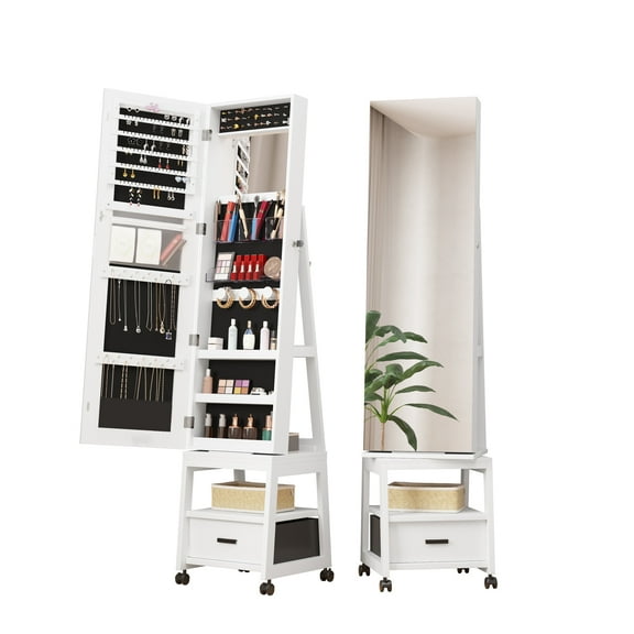 Yartaka Jewelry Armoire Standing Jewelry Organizer Jewelry Cabinet with Frameless Full-Length Mirror 360° Rotating Mirrored Jewelry Cabinet Armoire Mirror with Jewelry Storage White