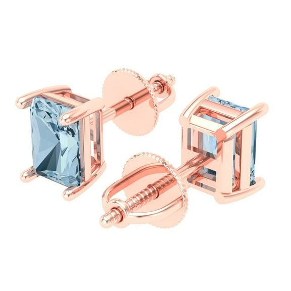 2.0 Ct Emerald Cut Studs Blue Crystal 14K Rose Solid Gold Everyday Dainty Earrings Screw Back