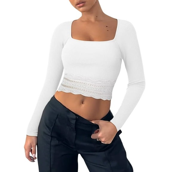 Women Crop Ribbed Tops Lace Patchwork Square Neck Long Sleeve Shirt for Club Streetwear Aesthetic Grunge Clothes