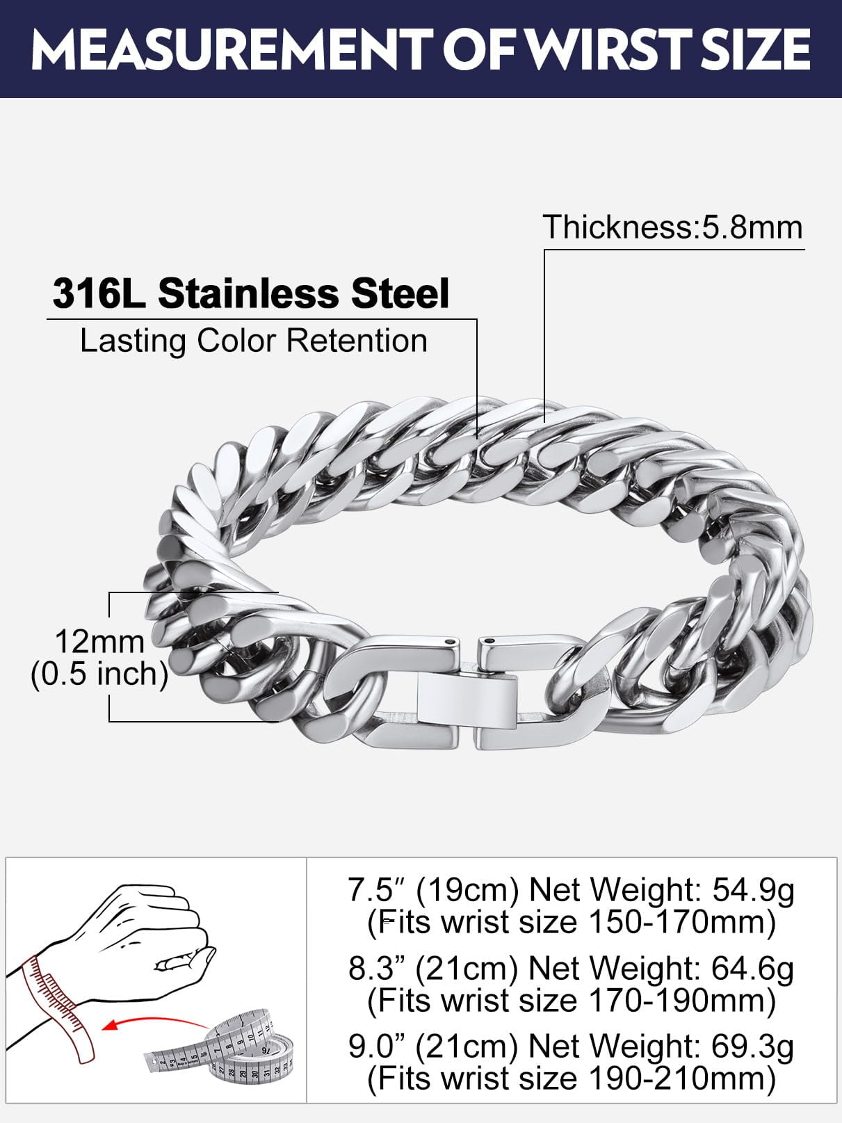 Bandmax 12MM Stainless Steel Cuban Chain Bracelets for Men Women Miami Curb Link Hand Chain Wristlet Birthday Valentines Father Day Gift for Dad Son Husband Grandpa