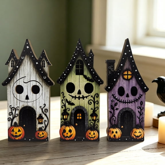 3 Pack Vintage Halloween Decorations for Home,Spooky Halloween Table Decor with Haunted House Silhouette,Gothic Halloween Decor for Mantel Shelf Party