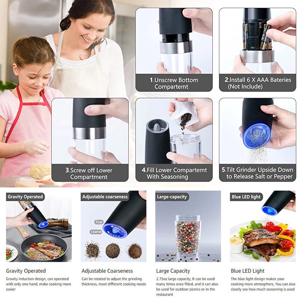 XEENSO 2 Pack Electric Pepper and Salt Grinder Set, Adjustable Coarseness, Battery Powered with LED Light, One Hand Automatic Operation, Stainless Steel, Black