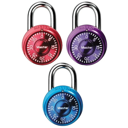 Lok Padlock - Master Lock Padlock 1533TRI Mini Dial Combination Lock, 1-9/16 in. Wide, Color Assortment, 3 Pack
