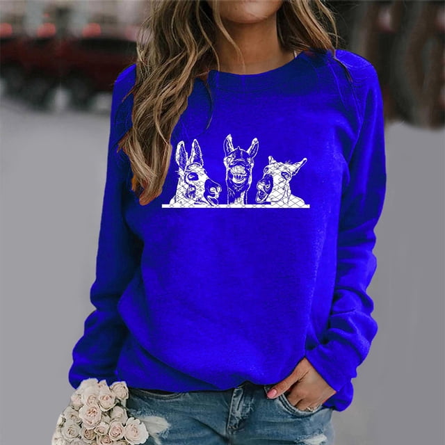 Chemises à Manches Longues pour Femmes Mode Décontractée Hauts Mignons Imprimés en Peluche Col Rond Chandails en Molleton Sans Capuche Tenue de Plage en Liquidation