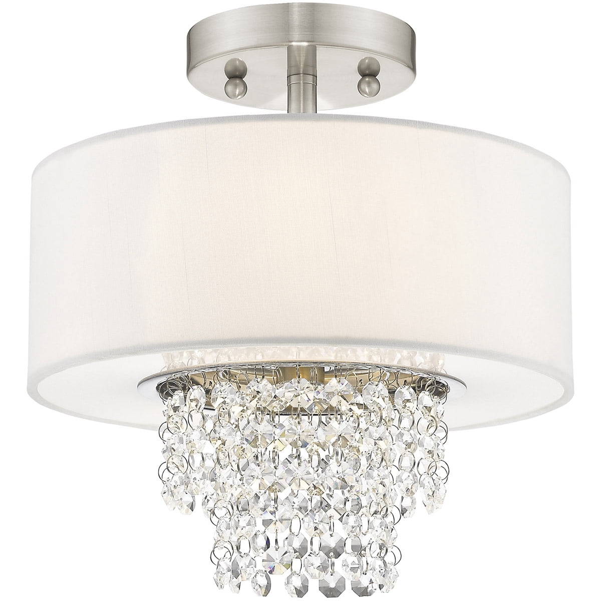 2 Light Brushed Nickel Ceiling Light fixture with Clear Crystals/ Hand Crafted Off-White Fabric Hardback Shade