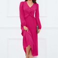 thumbnail image 2 of IROINNID Sales Long Sleeve Dress for Women Knee-Length Formal Dress V Neck Long Sleeve Solid Pleated Dresses,Hot Pink, 2 of 9
