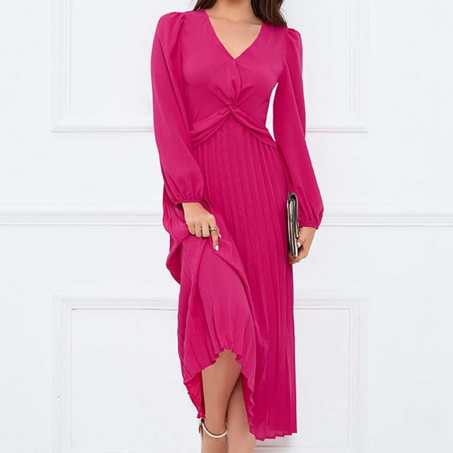 Pisexur Robe à Manches Longues Col en V Mode Femme Robe Plissée Unie Col en V