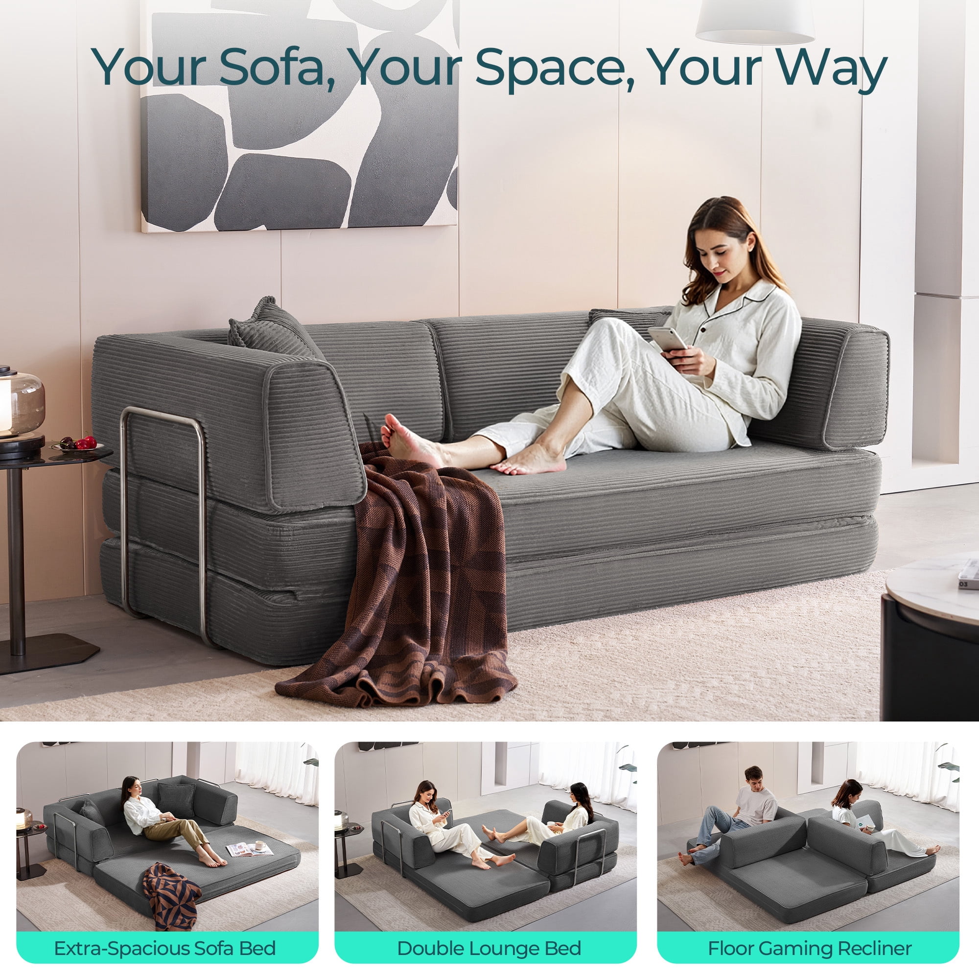 Linsy Home Oversized Corduroy Futon Sofa Bed Couch, Convertible Boneless Cloud Couch Bed, King Size Sleeper Sofa Bed With Fixed-Shape Frame, No Assembly Required, Dark Grey