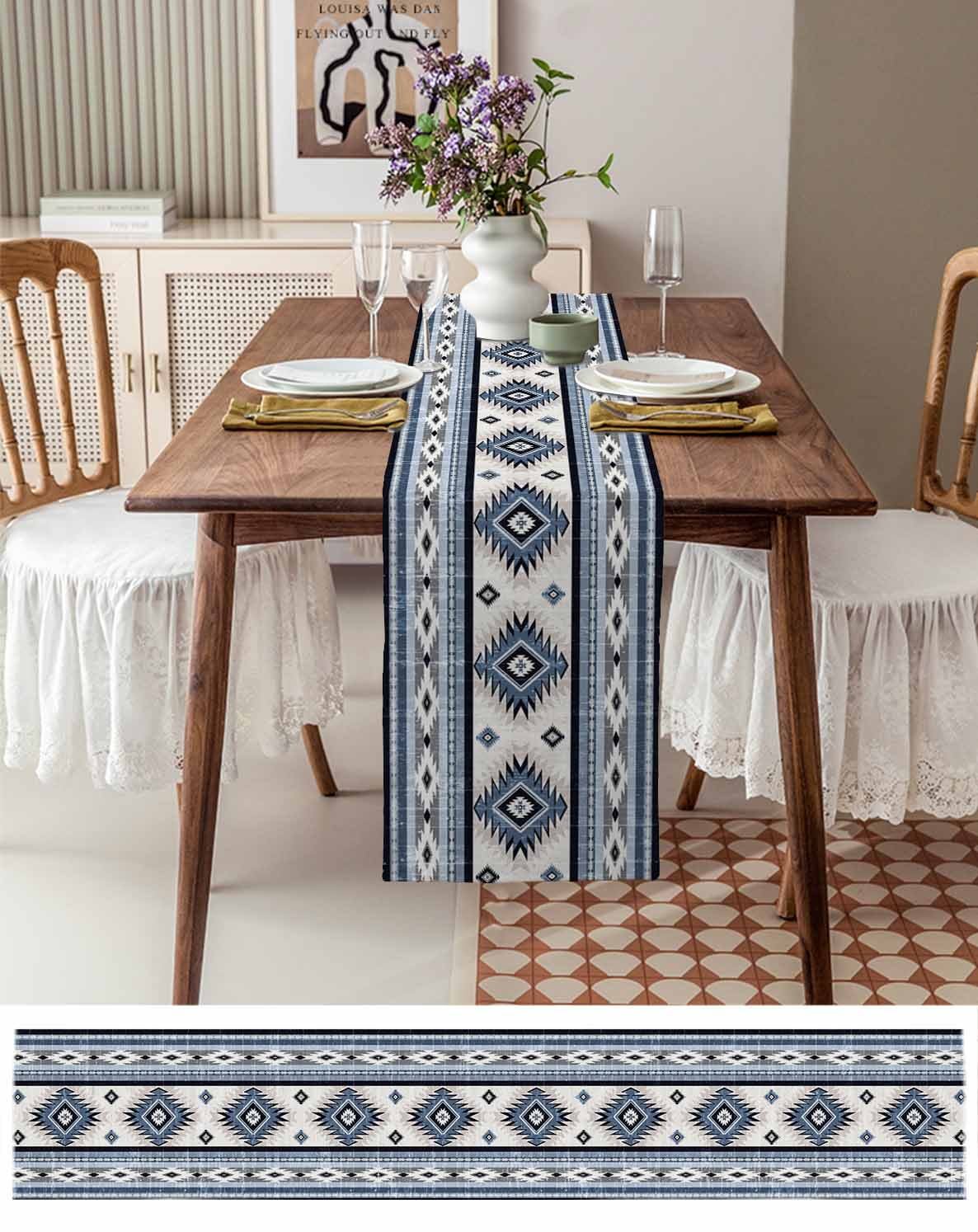 Blue Southwestern Burlap Cotton Table Runner 14x72 Inches Long, Boho Aztec Ethnic Abstract Print Farmhouse Table Runners, Outdoor Dining Tablecloths Decor for Baby Shower/Party/Wedding