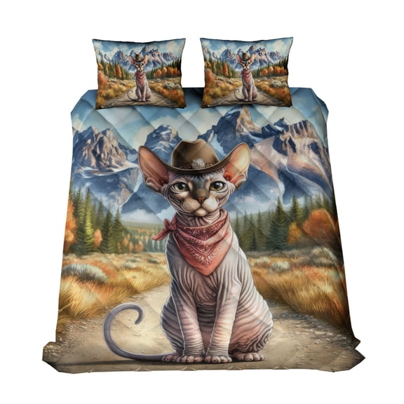 Welcome Fall Western Cowboy Sphynx Enjoys Majestic Autumn Quilt Bedding Set Cat Lover Kitten Owner Gifts Idea 1 Blanket Bed Cover 2 Pillowcases - 01007