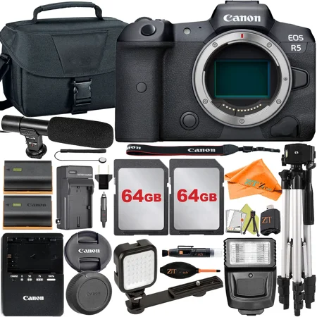 Canon EOS R5 Mirrorless Camera (Body Only) with Mount Adapter + Microphone + 2 Pack 64GB Card + Case + ZeeTech Accessory (International Version)