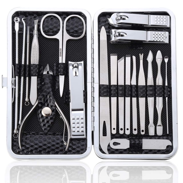 Kit de manicura y pedicura Juego de manicura 18 en 1 Cortaúñas afilado profesional Cortador grueso y lima Tijeras Vibrissac Hombres y mujeres Uñas y uñas de los pies con estuche (Negro_19 piezas) JFHHH pequeña