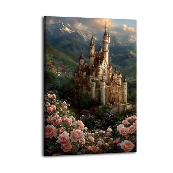 Larbulse  Gothic Castle Mountain Pink Roses Canvas Wall Art Home Decor Poster Vintage Funny Print Picture Abstract Bedroom Living Room Kitchen Posters Decor
