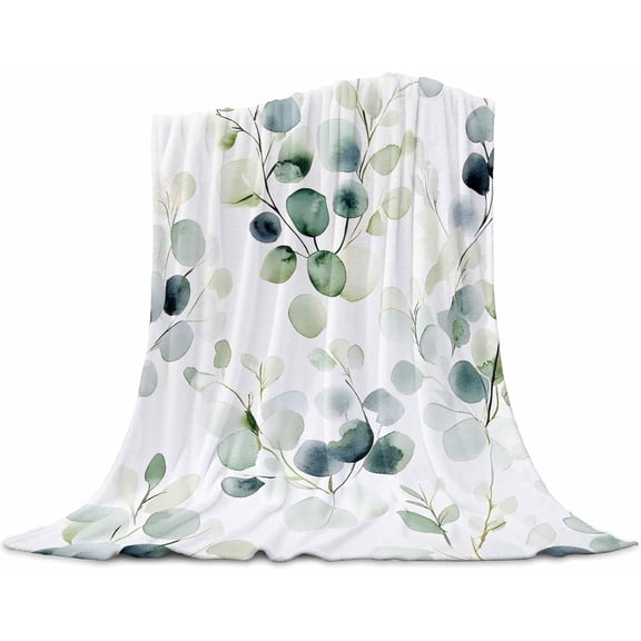 Sage Green Eucalyptus Leaf Watercolor Fleece Blanket, Soft Fuzzy Microfiber Cozy Warm Throw, 49x79 Inch Lightweight Christmas Gift Blanket for Sofa Bed Living Room Bedroom Decor