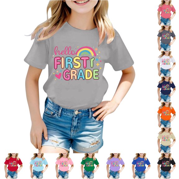 WhouRiu Girls Back To School T Shirts Short Sleeve Crew Neck Cartoon Graphic Tees Kids Comfortable Cute Casual Tshirt,1-2 Years
