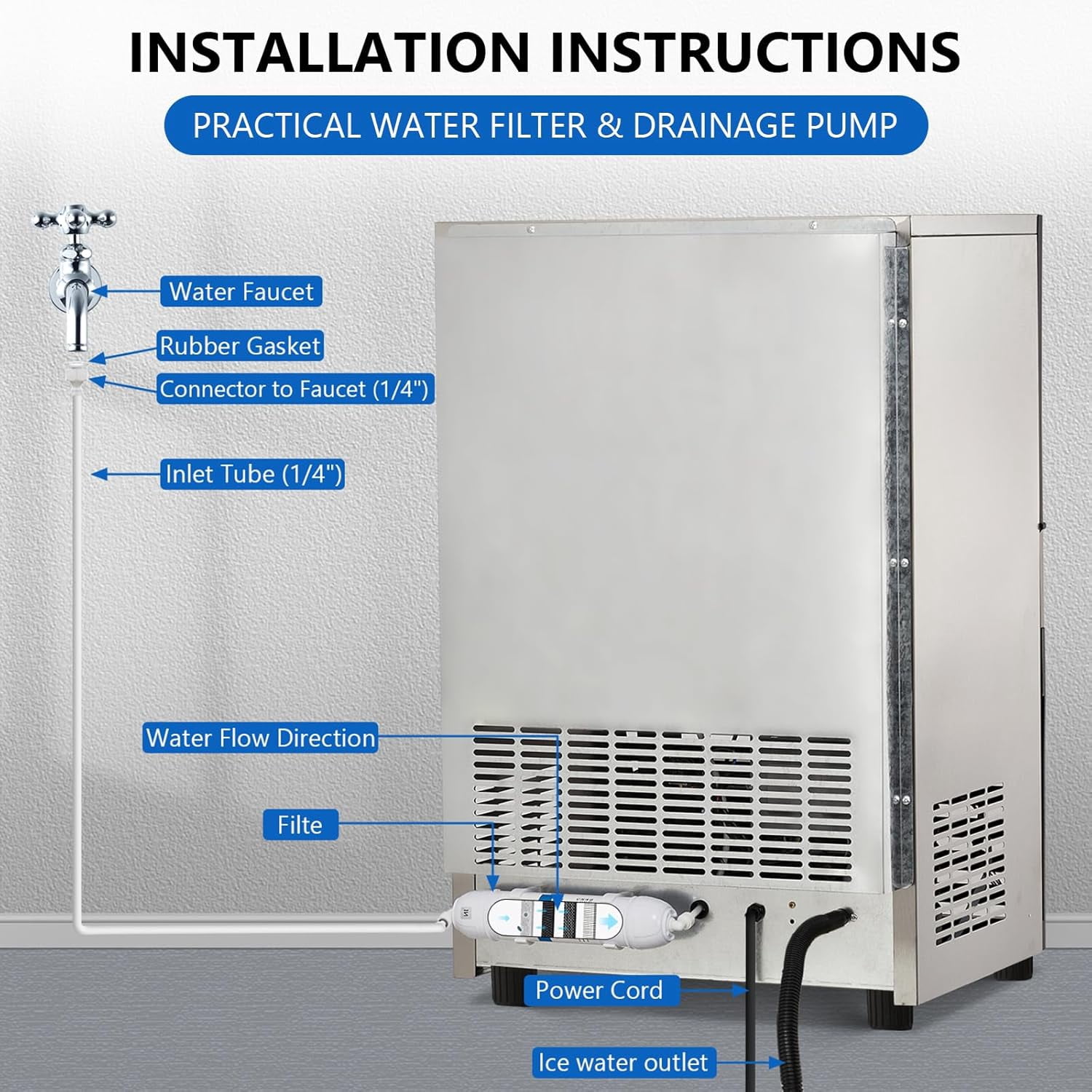 YUSAZENS 100LBS/24H Commercial Ice Maker, Stainless Steel Freestanding & Undercounter Ice Machine with 33LBS Storage & LCD Display, 110V 250W Silver, for Bar, Restaurant, Home Office