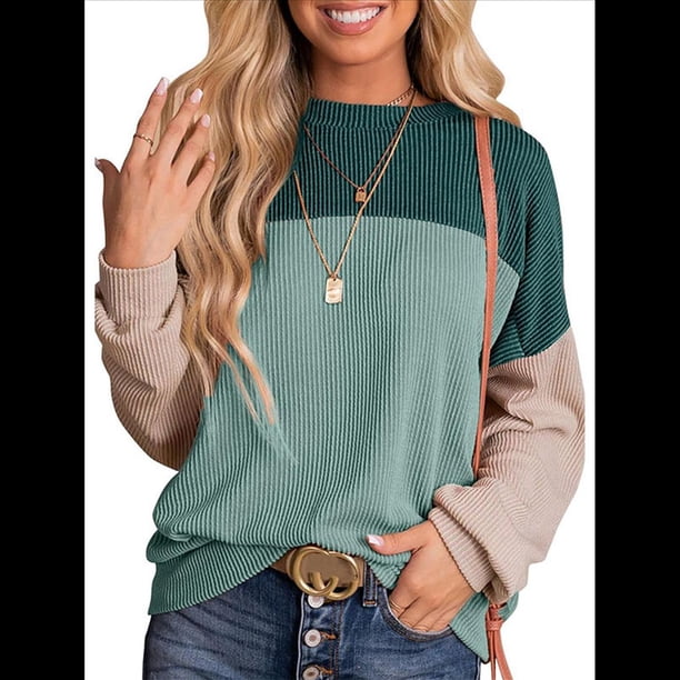 Moda para Mujer 2025, Camisetas Holgadas Informales de Punto con Cuello Redondo y Larga con Bloques de Color Verde M