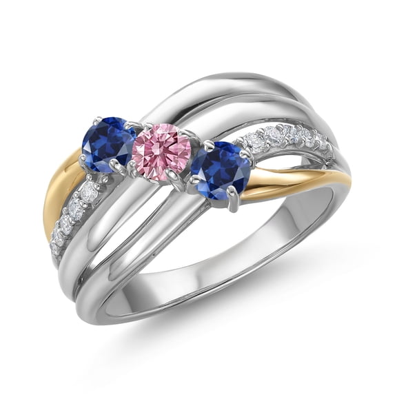 Gem Stone King 925 Silver and 10K Yellow Gold Blue Created Sapphire and Pink Lab Grown Diamond Engagement Ring for Women | 0.90 Cttw | Round 4MM | September Birthstone | Size 5
