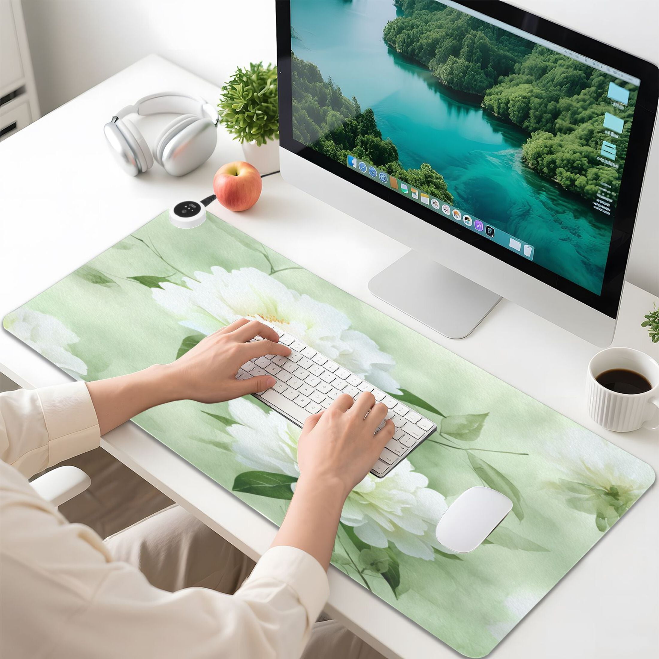 Large Heated Desk Mat Mouse Pad 31.5"x13"PU Leather Graphene Heating Desk Warmer with 3 Temperature Settings 110V US Plug Non-Slip Warm Pad for Home, Office, and Gaming Serene Mint Peony Blooms