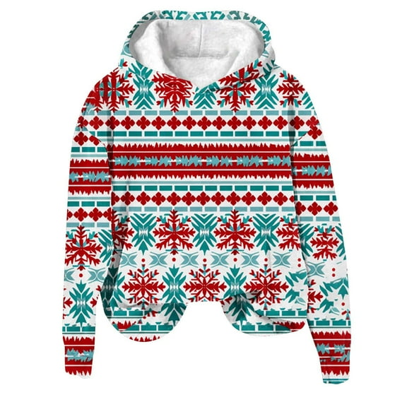 Cmfcve Women's Plus Size Fleece Christmas Hoodies Retro Bohemian Pullover Top Round Neck Long Sleeve Hooded Sweatshirt