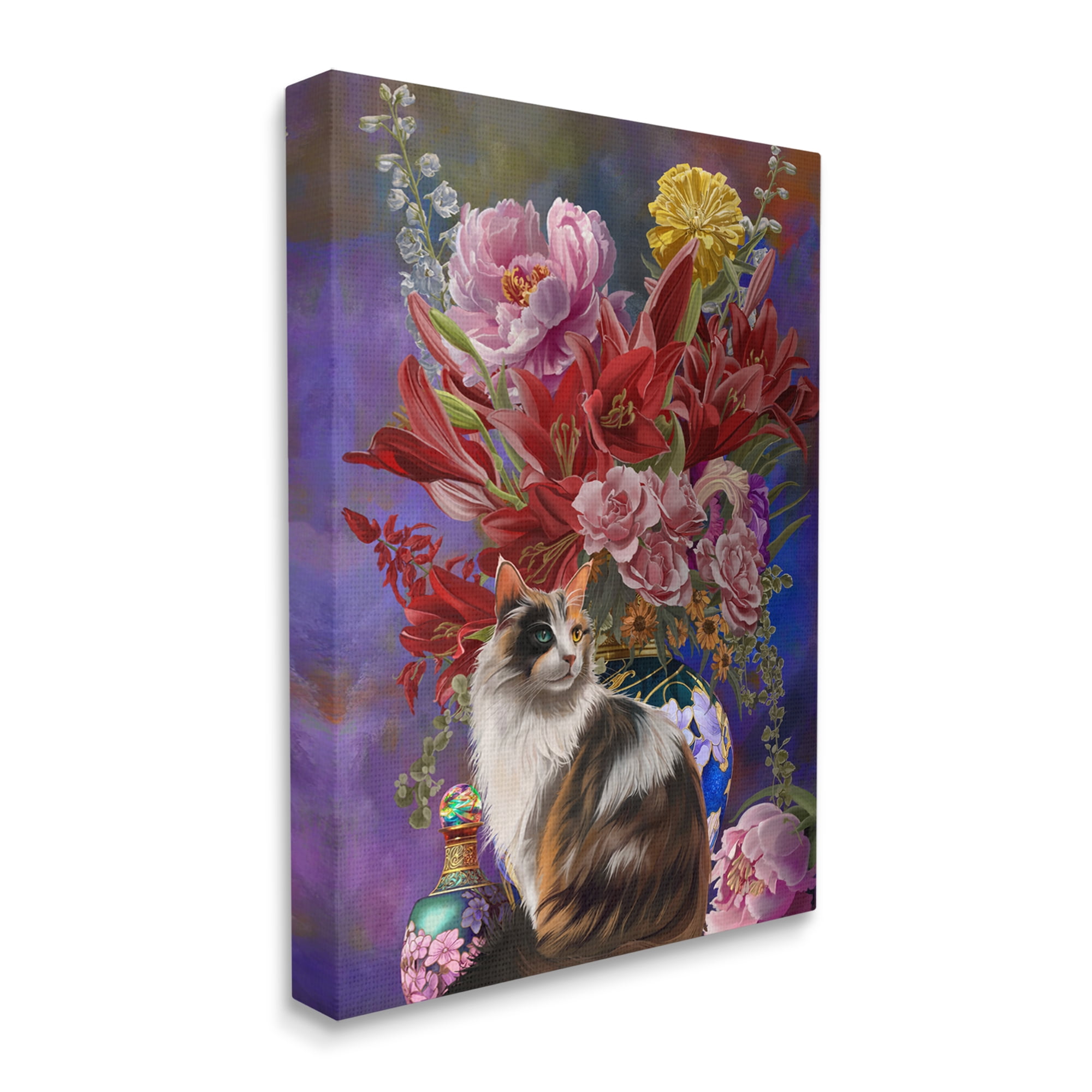 Stupell Industries Cat & Flower Chinoiserie Botanical & Floral Painting Gallery Wrapped Canvas Art Print Wall Art, 16 x 20