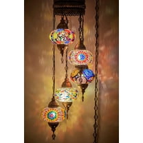 DEMMEX 5-Large 7" Globes Turkish Moroccan Mosaic Swag Plug-in Chandelier, Handmade Boho Oriental Hanging Ceiling Lamp Light Fixture with 15ft Cord Chain and Plug, 4ft Drop (Multicolor)
