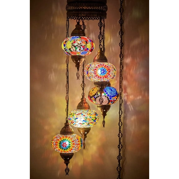 DEMMEX 5-Large 7" Globes Turkish Moroccan Mosaic Swag Plug-in Chandelier, Handmade Boho Oriental Hanging Ceiling Lamp Light Fixture with 15ft Cord Chain and Plug, 4ft Drop (Multicolor)