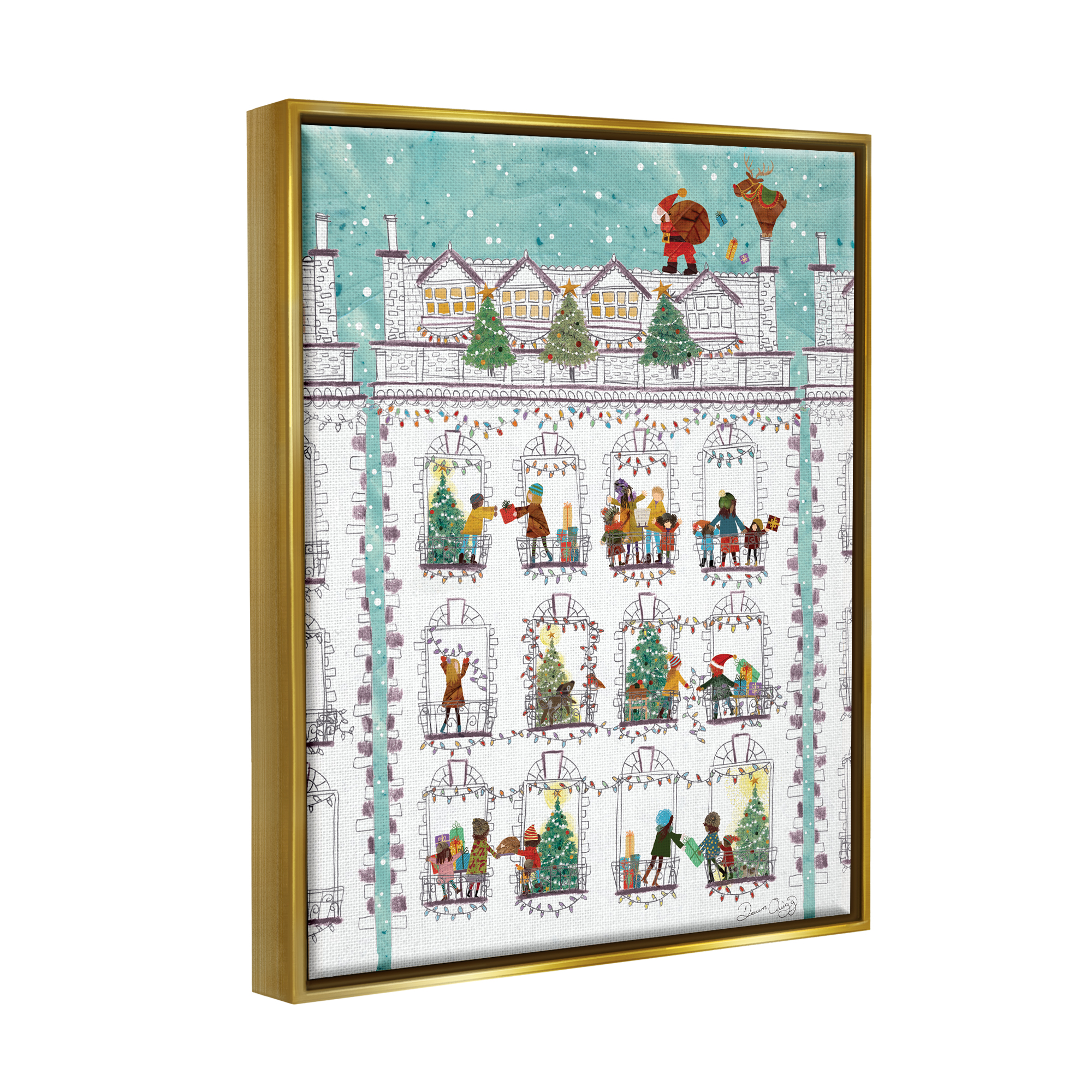 Stupell Industries Santa Claus Gifts City Rooftop Holiday Painting Gold Floater Framed Art Print Wall Art