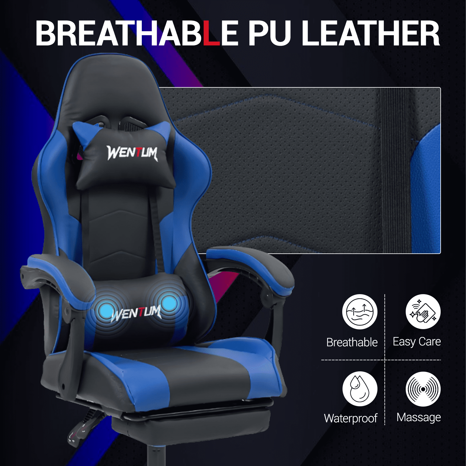 WENTUM Ergonomic Reclining Gaming Chair with Linkage Armrests & Footrest, Racing Office Chair, PU Leather Computer Desk Chair, Blue