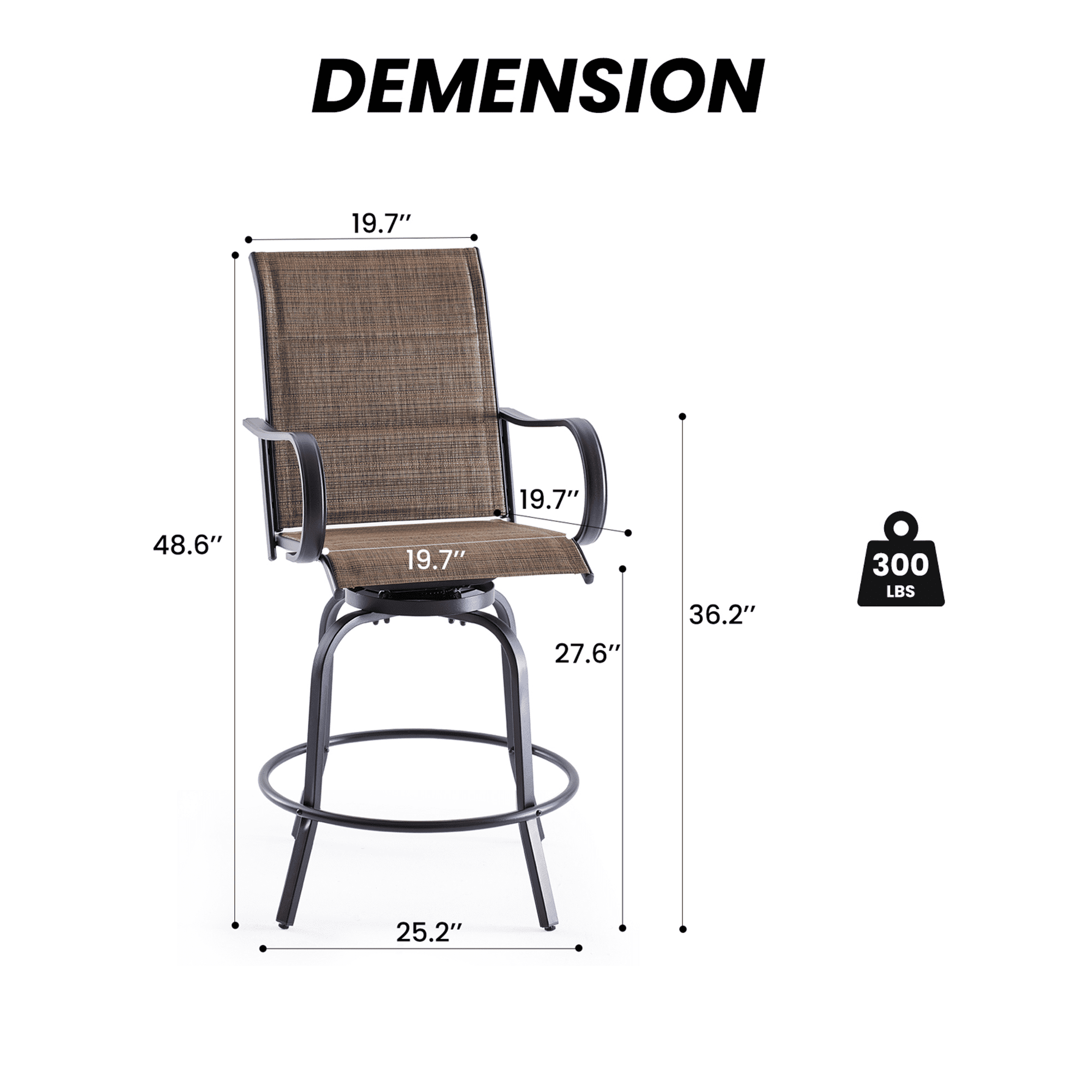 MAYEERTY 2-Piece Outdoor Bar Height Tall Stools Set,Paded Textilene,360°Swivel, Ergonomic for Balcony, Brown