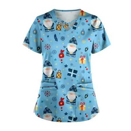 

Ovticza Scrubs Shirts for Women Christmas Reindeer with Pockets V Neck Nursing Xmas Short Sleeve Print Uniform Woman s Christmas Scrub Top Blue 2XL