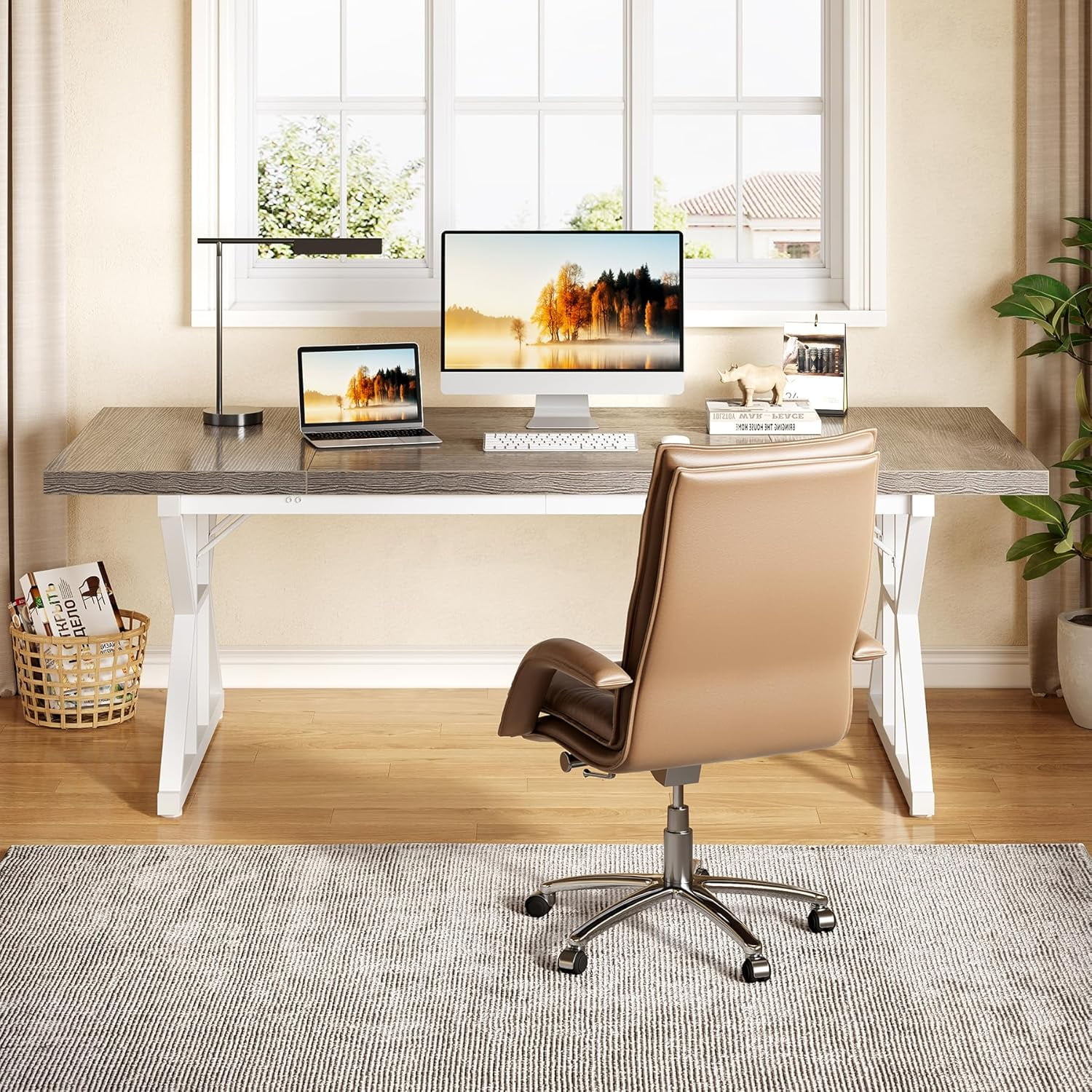 Tribesigns 70.9-Inch Executive Office Desk, Large Computer Work Desk for Home Office (Gray & White)