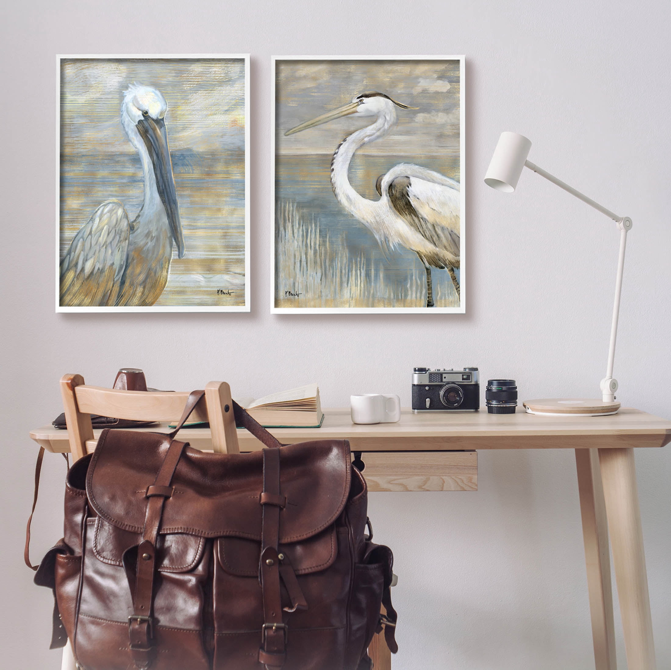 Stupell Industries Sea Birds Abstract Beach Painting White Framed Art Print Wall Art, Set of 2, Design by Paul Brent