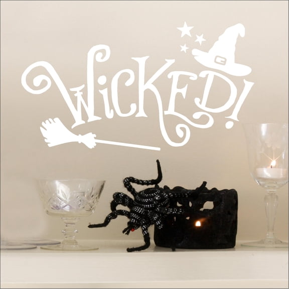 Halloween Wicked! Vinyl Lettering Wall Decal Witch Hat and Broom Star Decals Size: 6"H x 11"L - Color: White