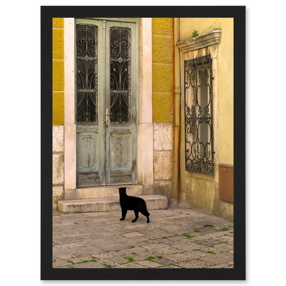 Black Cat Contrast Yellow Brick Old Door A4 Artwork Framed Wall Art Print