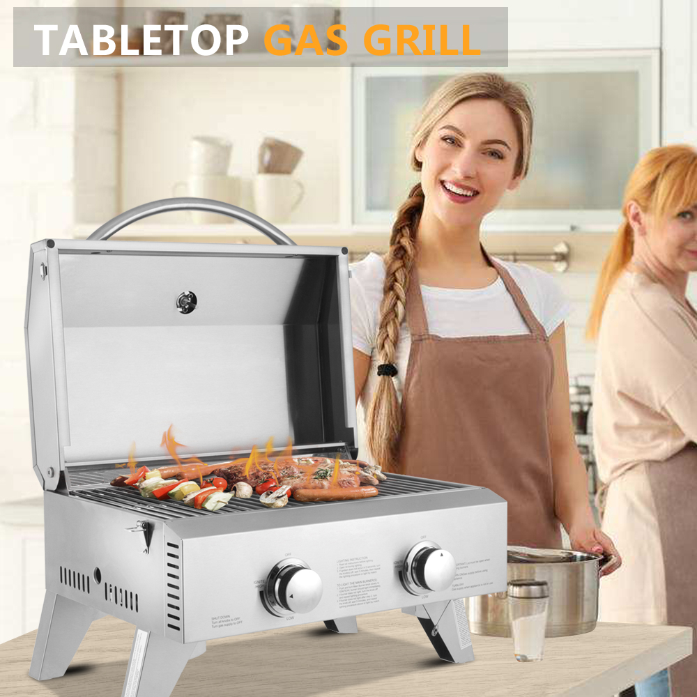 VANELC 2 Burner Portable BBQ Table Top Propane Gas Grill Stainless Steel, 20000 BTU with Foldable Legs - image 3 of 9