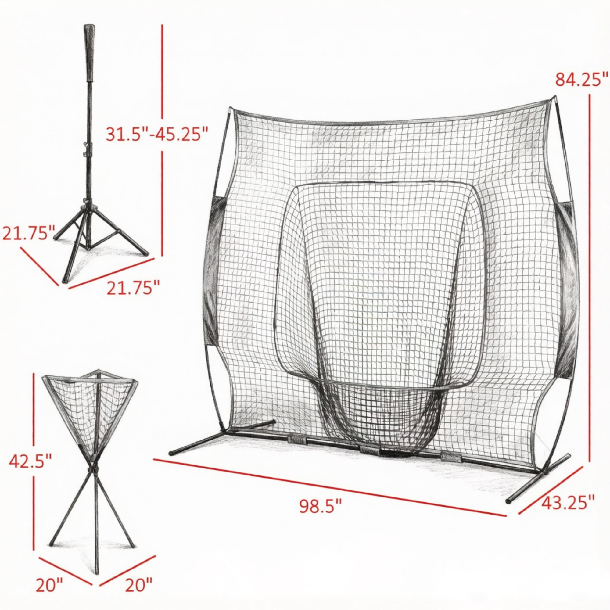 Baseball Hitting Practice Net Set with Batting Tee & 120-Ball Caddy, Tool-Free Quick Assembly Powder Coated Steel Frame Portable Training Net with Carry Bag